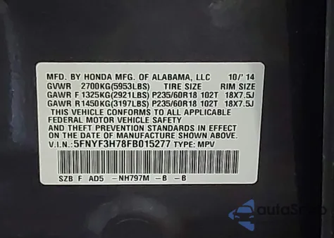2015 Honda Pilot Ex-L from USA, damaged, VIN 5FNYF3H78FB015277